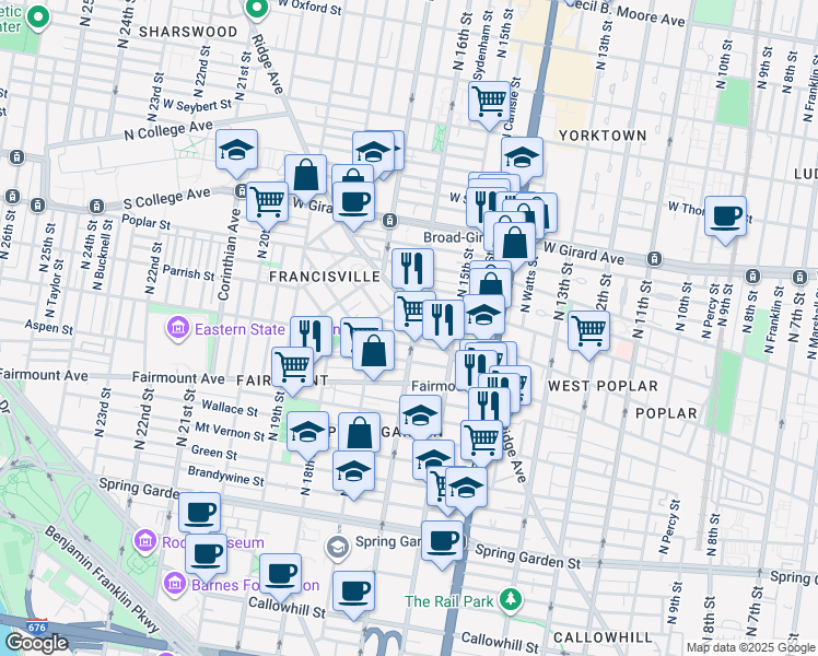 map of restaurants, bars, coffee shops, grocery stores, and more near 1530-32 Parrish Street in Philadelphia