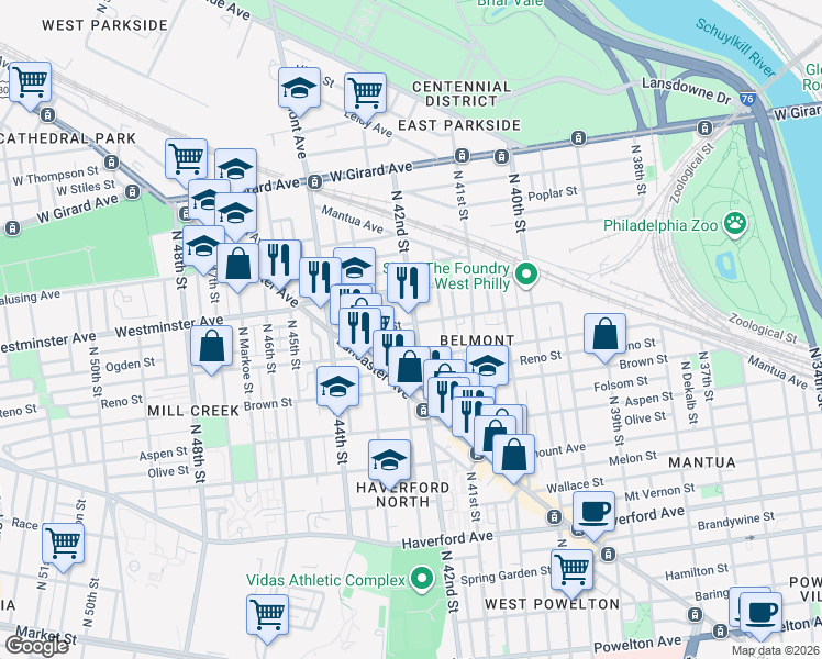 map of restaurants, bars, coffee shops, grocery stores, and more near 4211 Ogden Street in Philadelphia