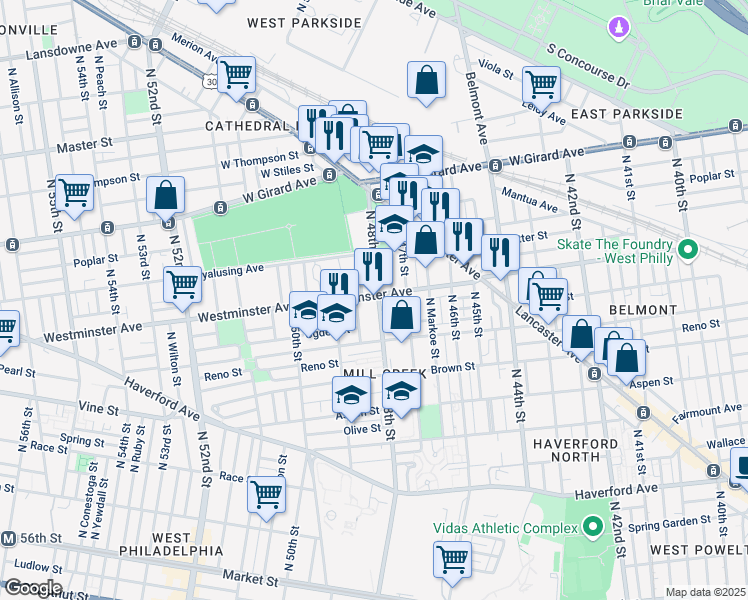 map of restaurants, bars, coffee shops, grocery stores, and more near 4800 Westminster Avenue in Philadelphia