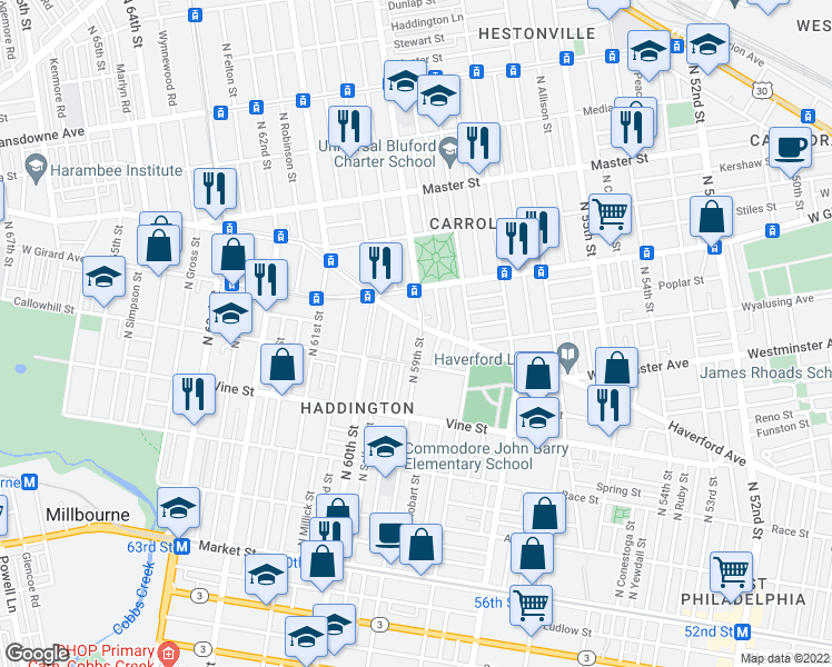 map of restaurants, bars, coffee shops, grocery stores, and more near 5839 Haverford Avenue in Philadelphia