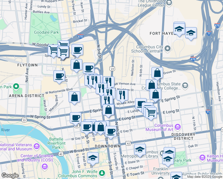 map of restaurants, bars, coffee shops, grocery stores, and more near 76 East Nationwide Boulevard in Columbus