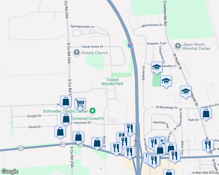 map of restaurants, bars, coffee shops, grocery stores, and more near 720 Larch Street in Tipp City