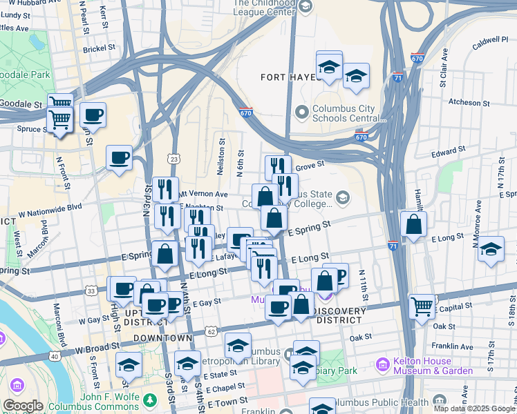 map of restaurants, bars, coffee shops, grocery stores, and more near 262 North Grant Avenue in Columbus