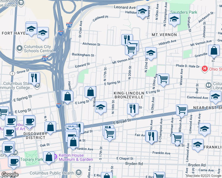 map of restaurants, bars, coffee shops, grocery stores, and more near 173 North 18th Street in Columbus