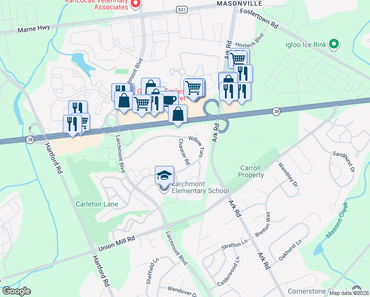 map of restaurants, bars, coffee shops, grocery stores, and more near 229B Willow Turn in Mount Laurel Township