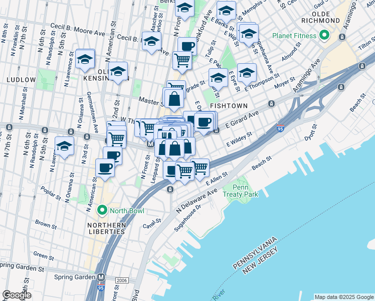 map of restaurants, bars, coffee shops, grocery stores, and more near 1136 Day St in Philadelphia
