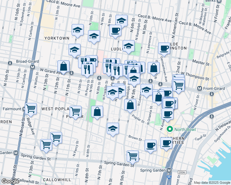 map of restaurants, bars, coffee shops, grocery stores, and more near 964 North Marshall Street in Philadelphia
