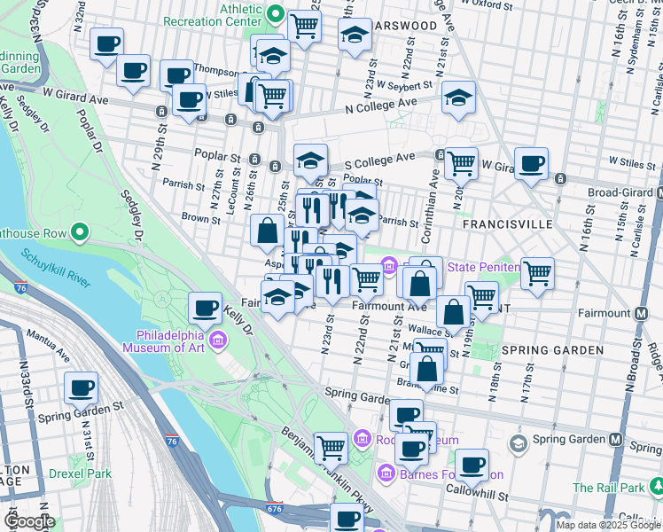 map of restaurants, bars, coffee shops, grocery stores, and more near 749 North Judson Street in Philadelphia