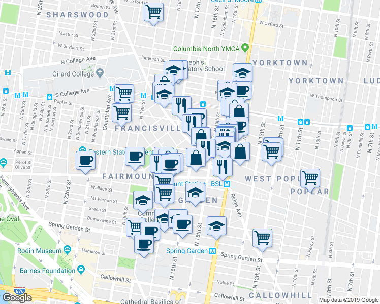 map of restaurants, bars, coffee shops, grocery stores, and more near 814 North 16th Street in Philadelphia