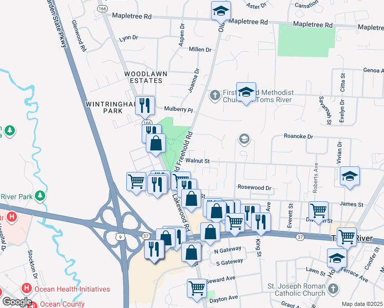 map of restaurants, bars, coffee shops, grocery stores, and more near 14 Walnut Street in Toms River