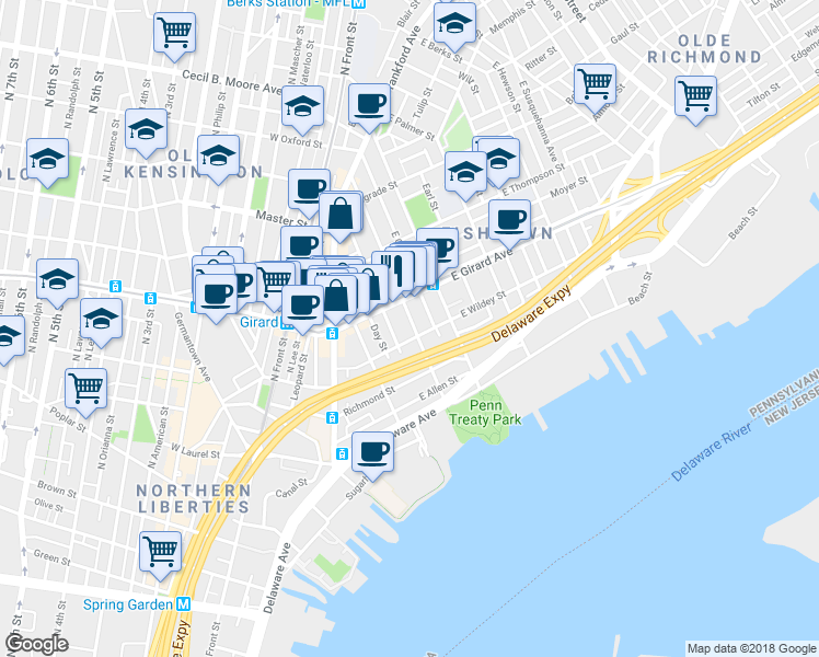 map of restaurants, bars, coffee shops, grocery stores, and more near 1110 Marlborough Street in Philadelphia