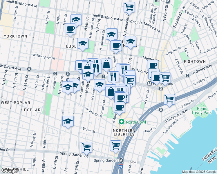 map of restaurants, bars, coffee shops, grocery stores, and more near 1142 North Galloway Street in Philadelphia