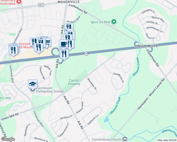 map of restaurants, bars, coffee shops, grocery stores, and more near 125 Union Mill Road in Mount Laurel Township