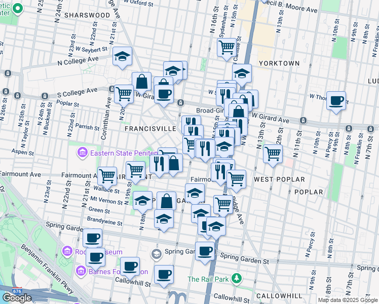 map of restaurants, bars, coffee shops, grocery stores, and more near 814 North 16th Street in Philadelphia