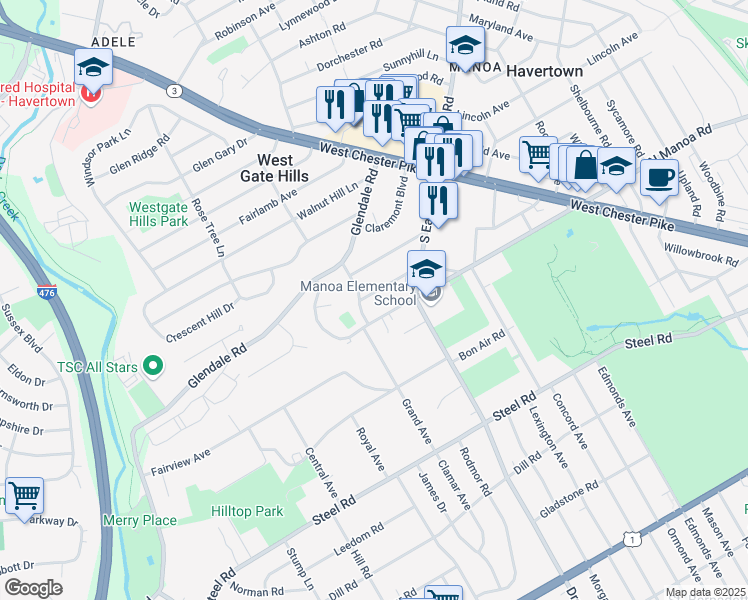 map of restaurants, bars, coffee shops, grocery stores, and more near 343 Stanley Avenue in Havertown