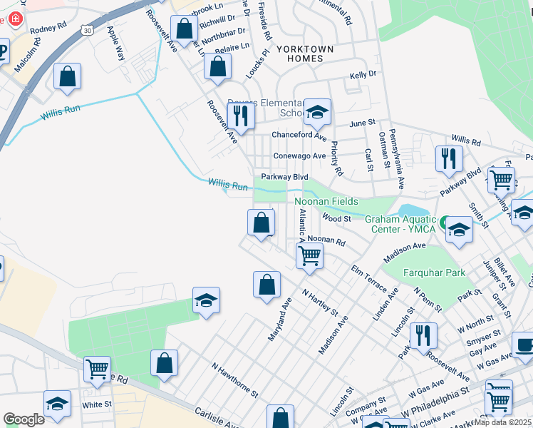 map of restaurants, bars, coffee shops, grocery stores, and more near 452 Tioga Street in York