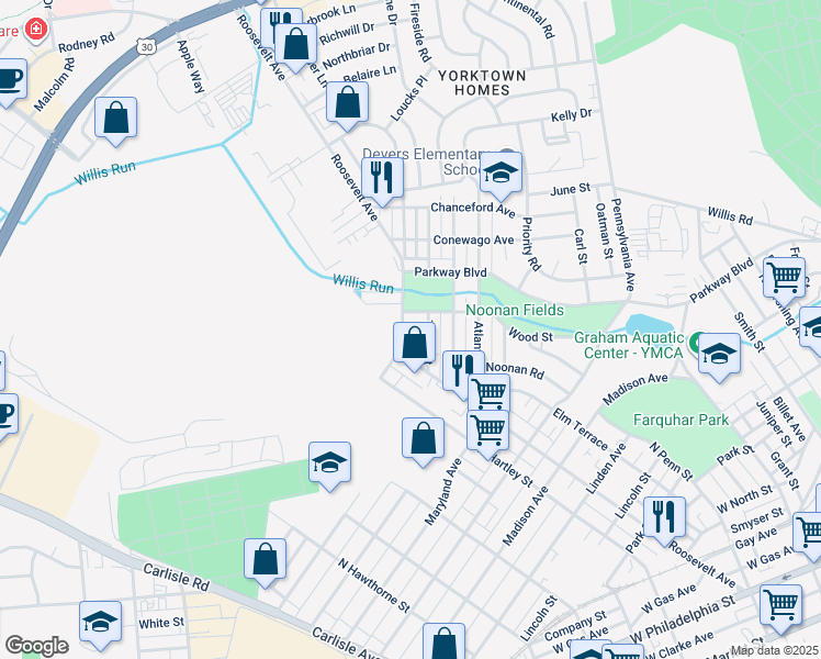 map of restaurants, bars, coffee shops, grocery stores, and more near 1065 Roosevelt Avenue in York