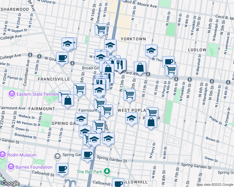 map of restaurants, bars, coffee shops, grocery stores, and more near 1303 Parrish Street in Philadelphia