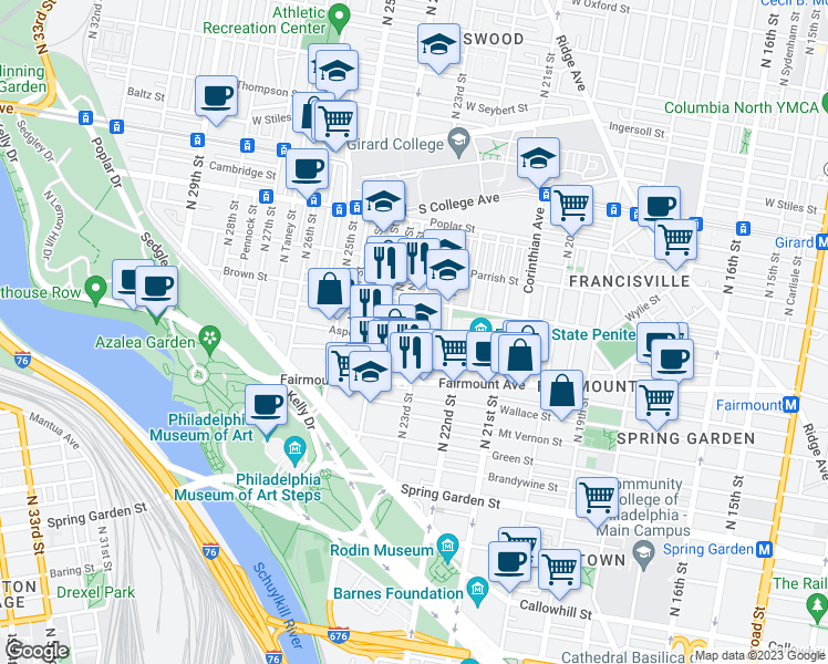 map of restaurants, bars, coffee shops, grocery stores, and more near 750 North 23rd Street in Philadelphia