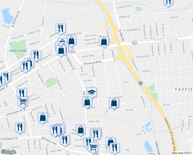map of restaurants, bars, coffee shops, grocery stores, and more near 1505 2nd Avenue in York