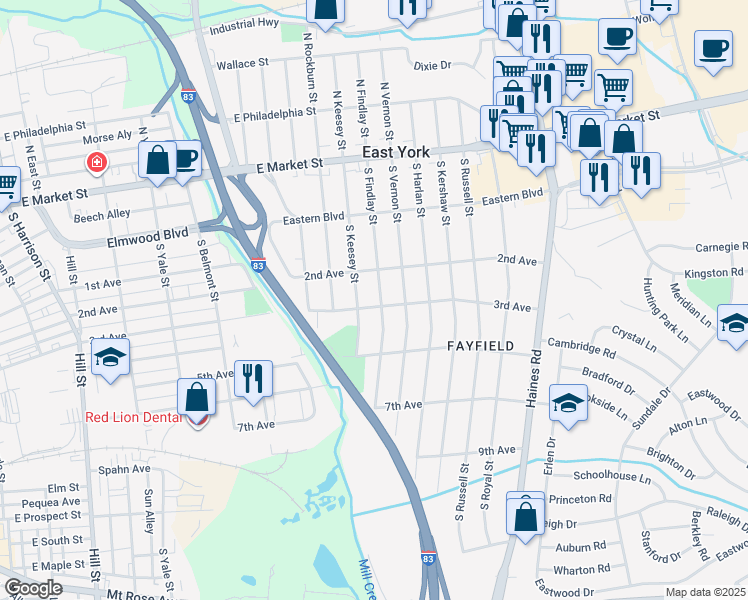 map of restaurants, bars, coffee shops, grocery stores, and more near 250 South Findlay Street in East York