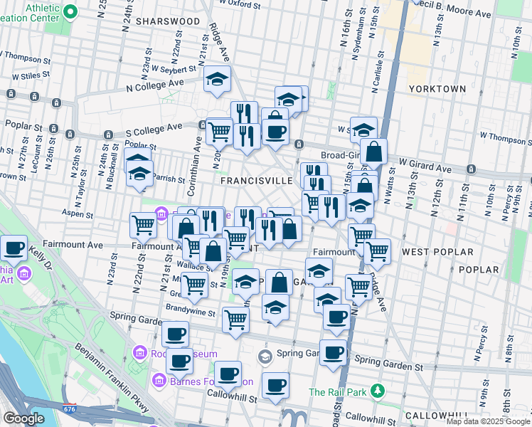 map of restaurants, bars, coffee shops, grocery stores, and more near 813 Cameron Street in Philadelphia