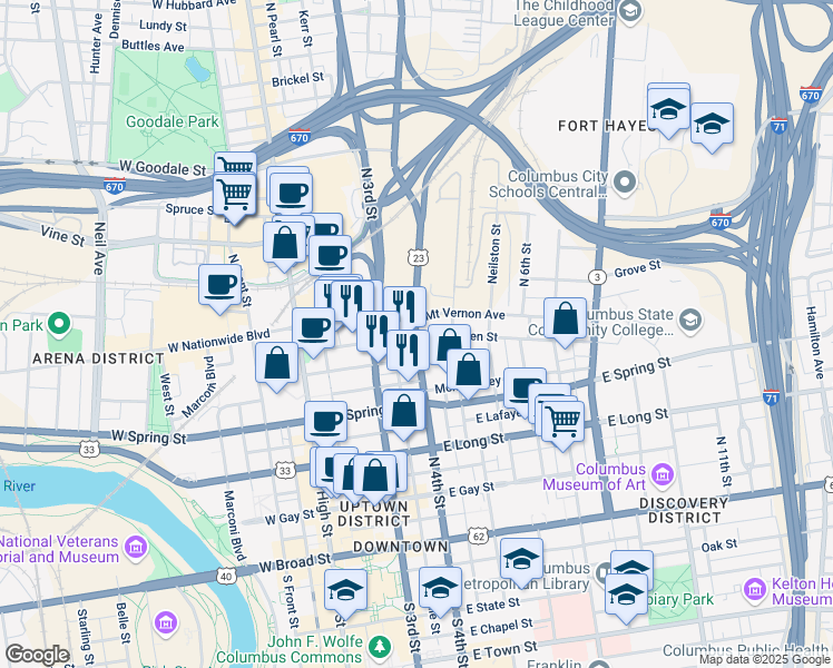map of restaurants, bars, coffee shops, grocery stores, and more near 129 East Naghten Street in Columbus