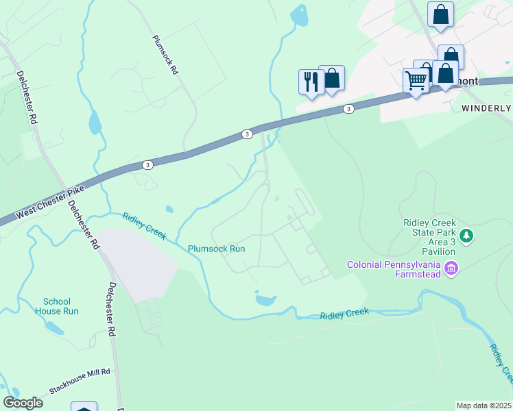 map of restaurants, bars, coffee shops, grocery stores, and more near 203 Bakers Close in Newtown Square
