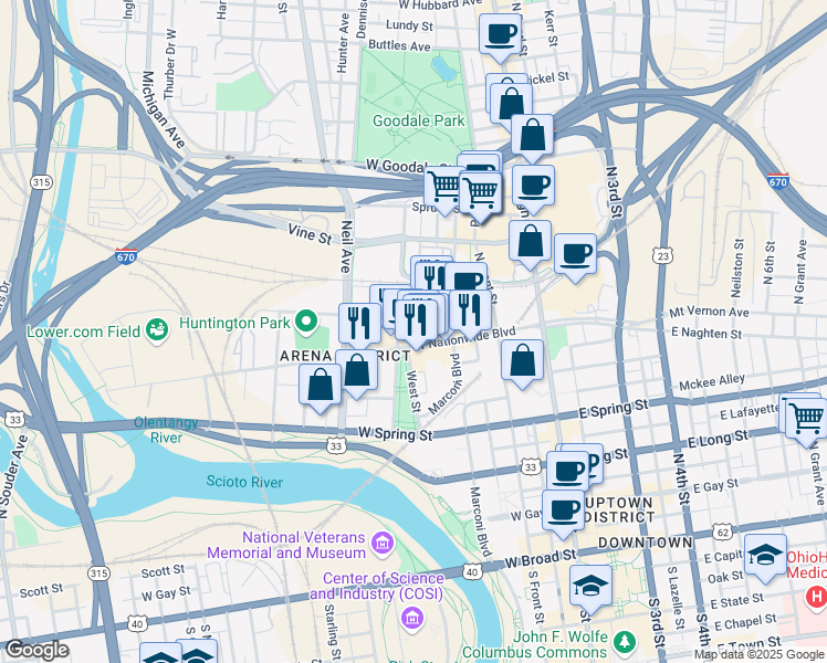 map of restaurants, bars, coffee shops, grocery stores, and more near 224 West Nationwide Boulevard in Columbus