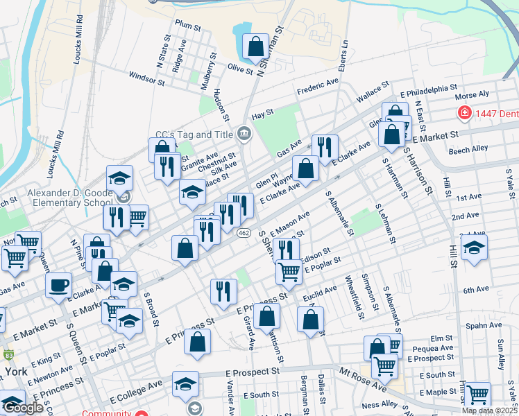 map of restaurants, bars, coffee shops, grocery stores, and more near 29 North Sherman Street in York