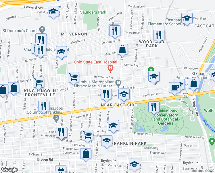 map of restaurants, bars, coffee shops, grocery stores, and more near 1415 East Long Street in Columbus