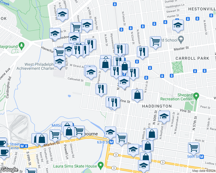 map of restaurants, bars, coffee shops, grocery stores, and more near 6346 Callowhill Street in Philadelphia