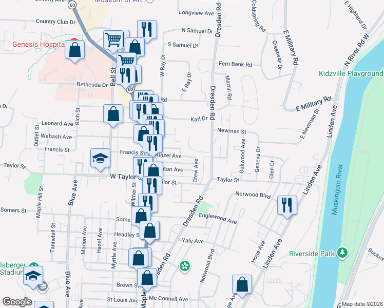 map of restaurants, bars, coffee shops, grocery stores, and more near 460 Coventry Circle in Zanesville