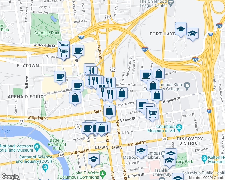 map of restaurants, bars, coffee shops, grocery stores, and more near 129 East Naghten Street in Columbus