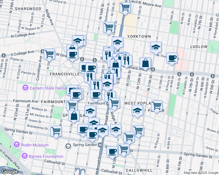 map of restaurants, bars, coffee shops, grocery stores, and more near 826 North Broad Street in Philadelphia