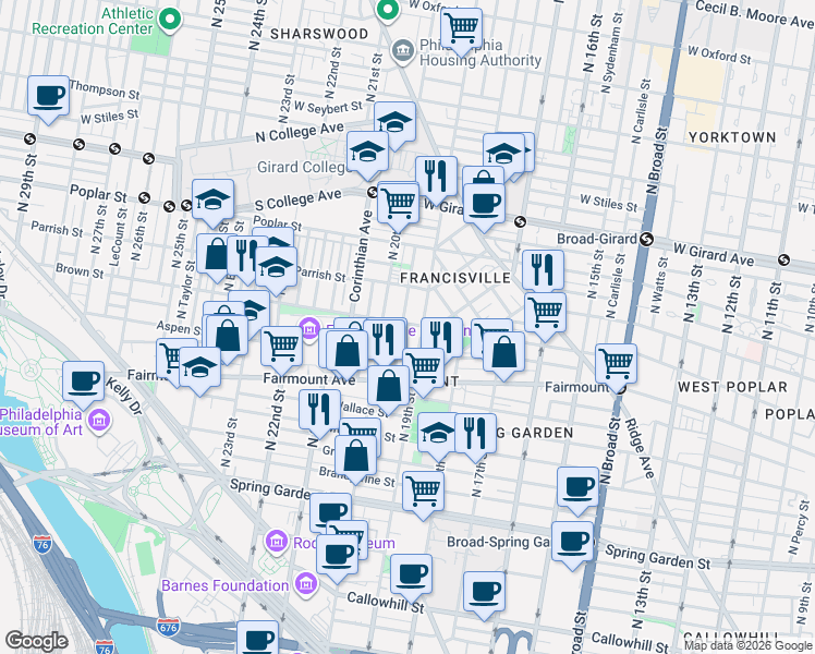 map of restaurants, bars, coffee shops, grocery stores, and more near 1932 Brown Street in Philadelphia