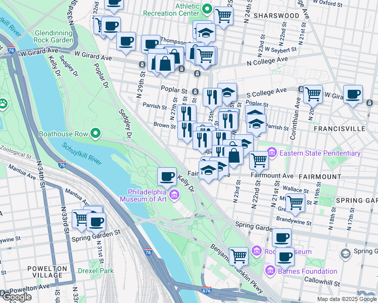 map of restaurants, bars, coffee shops, grocery stores, and more near 729 North 26th Street in Philadelphia