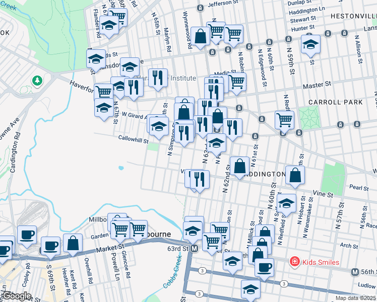map of restaurants, bars, coffee shops, grocery stores, and more near 6346 Callowhill Street in Philadelphia
