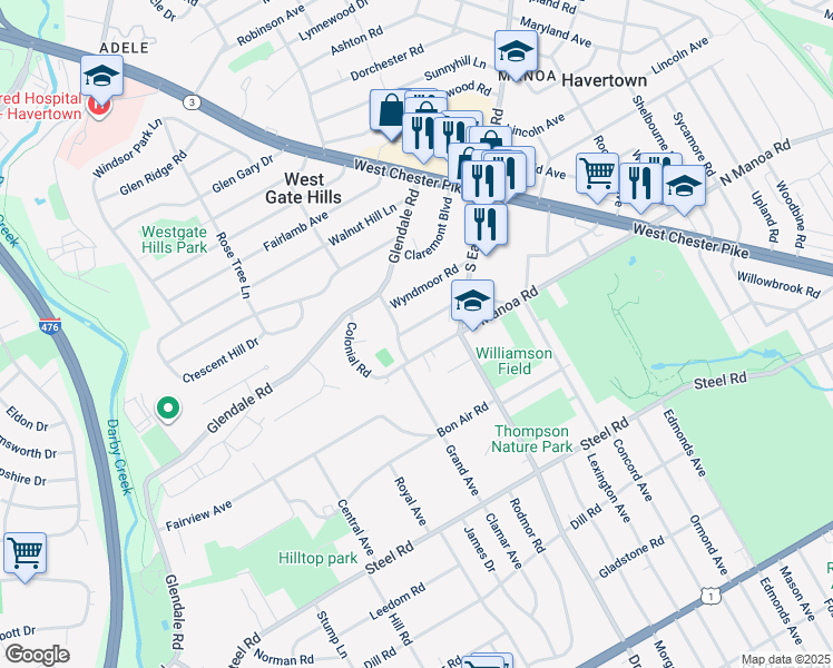 map of restaurants, bars, coffee shops, grocery stores, and more near 343 Stanley Avenue in Havertown