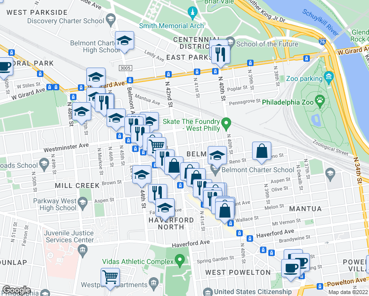 map of restaurants, bars, coffee shops, grocery stores, and more near 4122 Ogden Street in Philadelphia