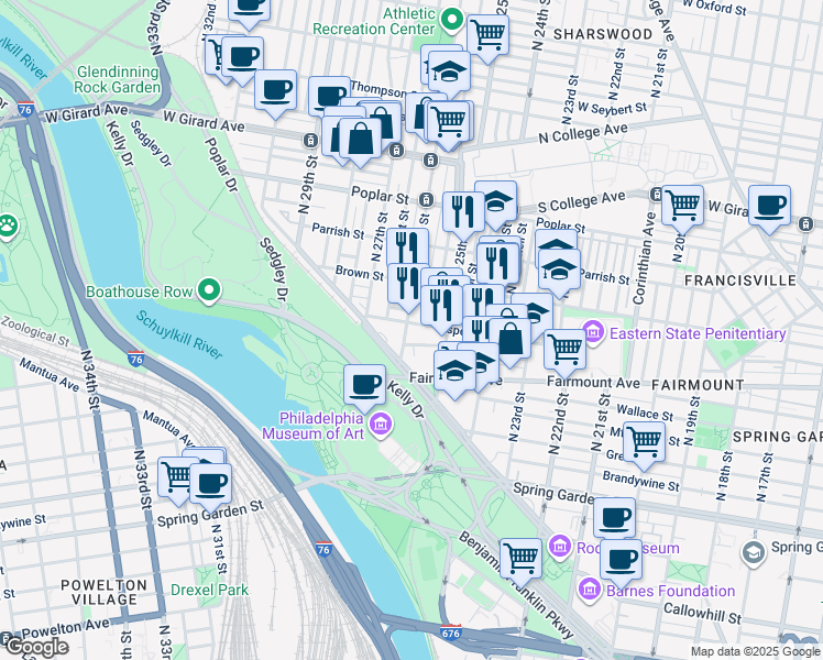 map of restaurants, bars, coffee shops, grocery stores, and more near 729 North 26th Street in Philadelphia