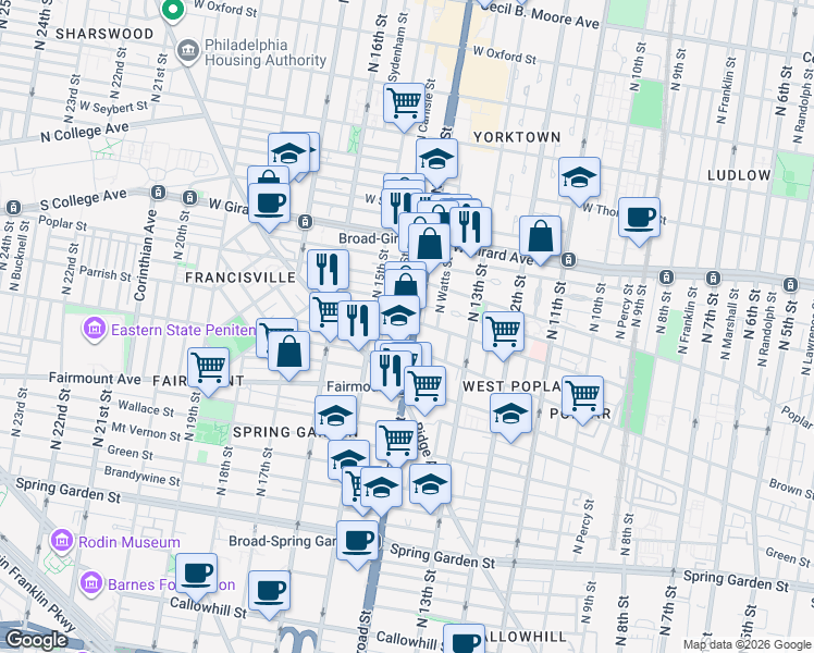 map of restaurants, bars, coffee shops, grocery stores, and more near in Philadelphia