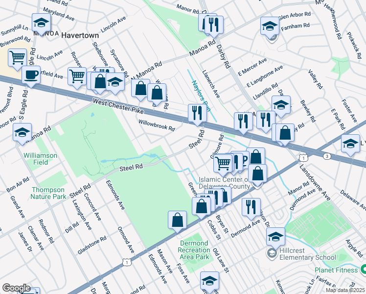 map of restaurants, bars, coffee shops, grocery stores, and more near 334 Steel Road in Havertown