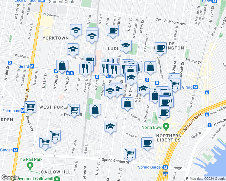 map of restaurants, bars, coffee shops, grocery stores, and more near 994 North Marshall Street in Philadelphia