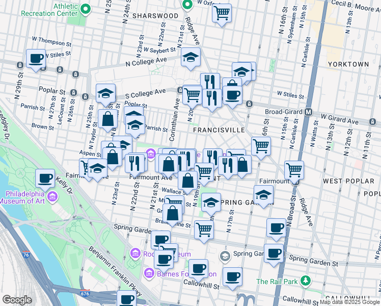 map of restaurants, bars, coffee shops, grocery stores, and more near 1123 Marlborough Street in Philadelphia