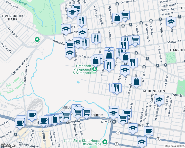 map of restaurants, bars, coffee shops, grocery stores, and more near 335 North Daggett Street in Philadelphia