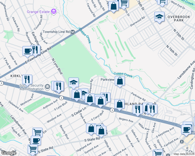 map of restaurants, bars, coffee shops, grocery stores, and more near 241 Saint Laurence Road in Delaware County