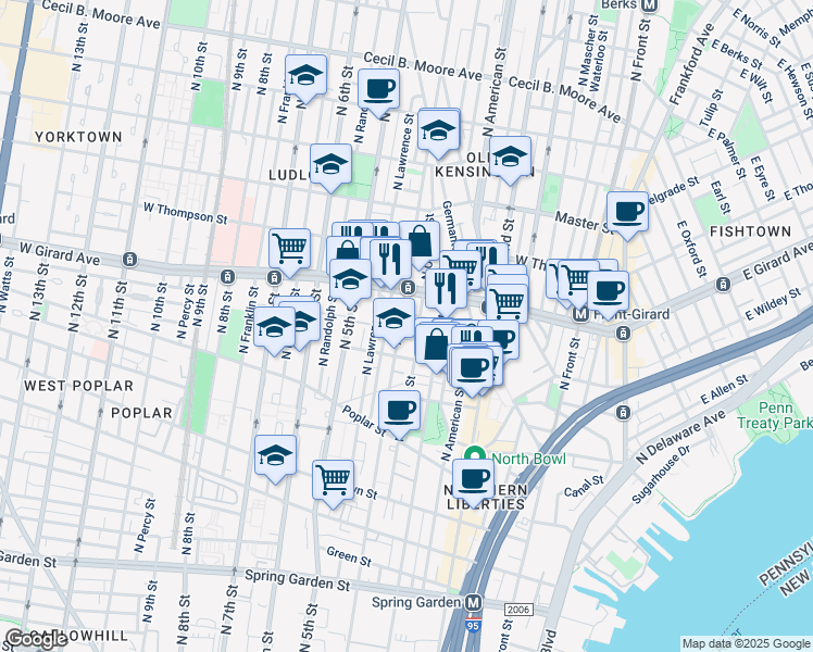 map of restaurants, bars, coffee shops, grocery stores, and more near 1140 North Orianna Street in Philadelphia