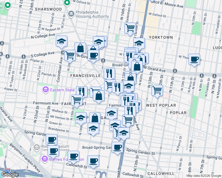 map of restaurants, bars, coffee shops, grocery stores, and more near 1530-32 Parrish Street in Philadelphia