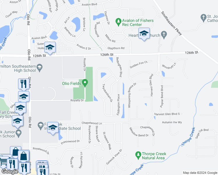 map of restaurants, bars, coffee shops, grocery stores, and more near 12332 Bellingham Boulevard in Fishers